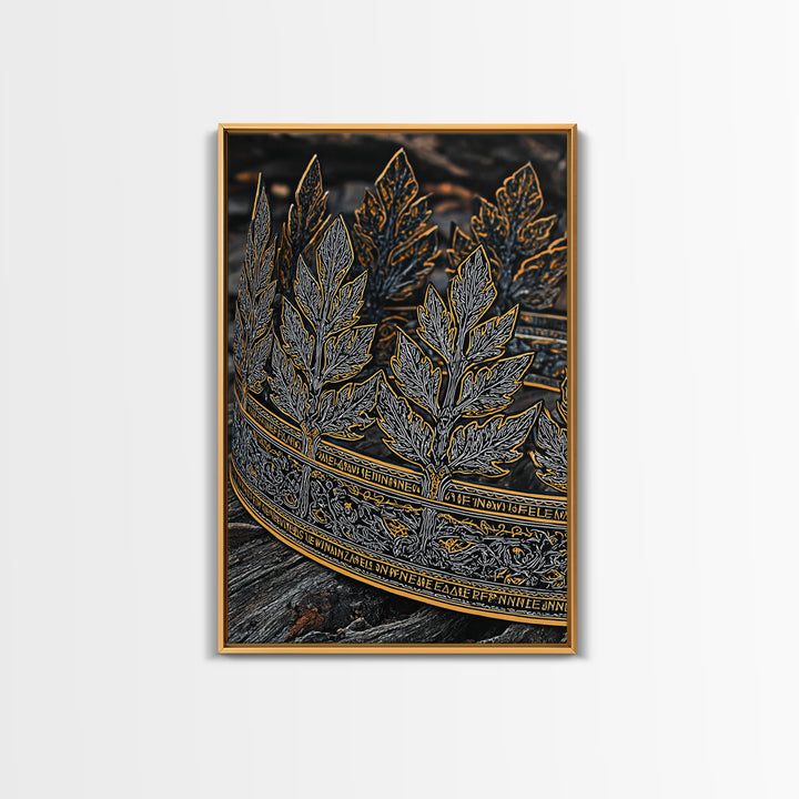 Laurel Leaf Crown Canvas Gold Art Print with Real Wood Frame – Regal Nature-Inspired Decorative Wall Piece