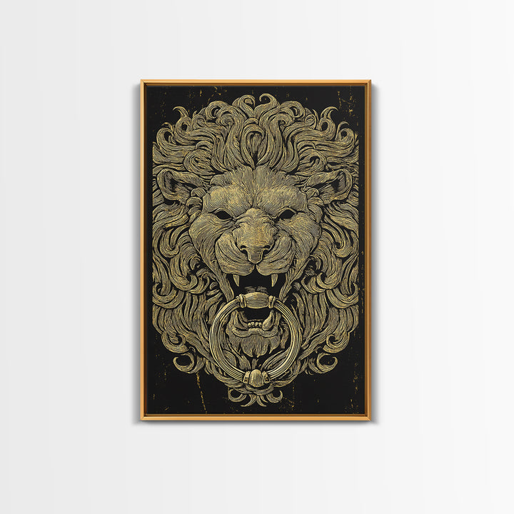 Vintage Lion Head Door Knocker Canvas Gold Canvas Print with Real Wood Frame – Bold Statement Wall Art