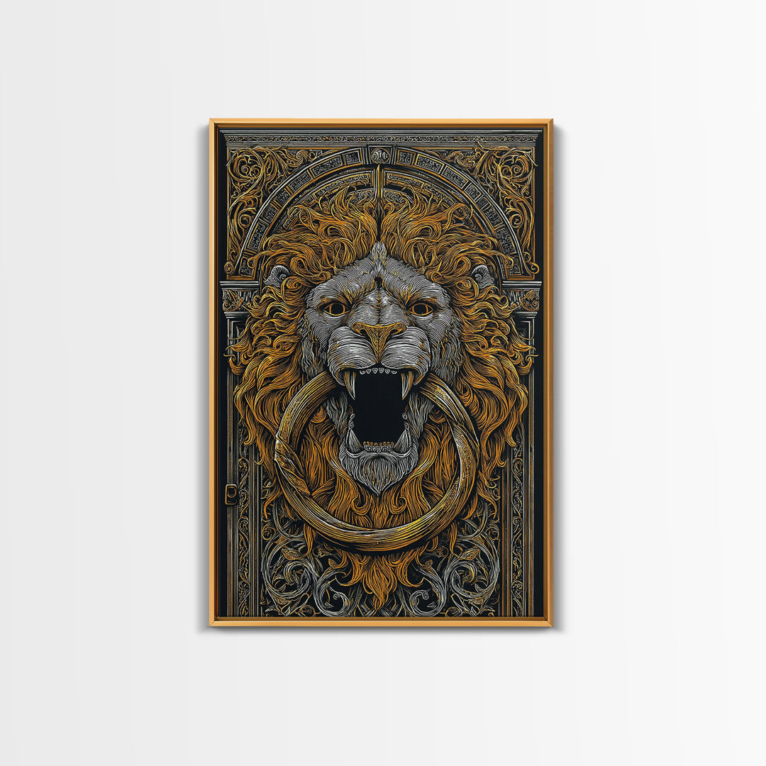 Ornate Lion Door Knocker Canvas Gold Canvas Print with Real Wood Frame – Luxury Victorian Style Wall Decor