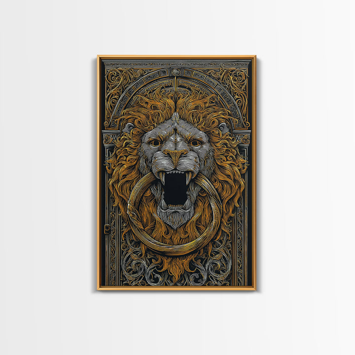 Ornate Lion Door Knocker Canvas Gold Canvas Print with Real Wood Frame – Luxury Victorian Style Wall Decor