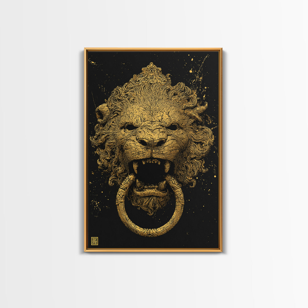 Aged Lion Door Knocker Canvas Gold Art Print with Real Wood Frame – Rustic Antique-Inspired Home Wall Art