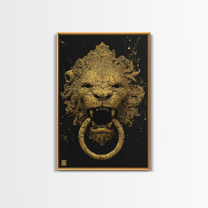 Aged Lion Door Knocker Canvas Gold Art Print with Real Wood Frame – Rustic Antique-Inspired Home Wall Art