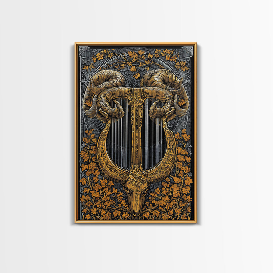 Ram Horn Lyre Canvas Gold Canvas Print with Real Wood Frame – Mythic Musical Instrument Wall Decor