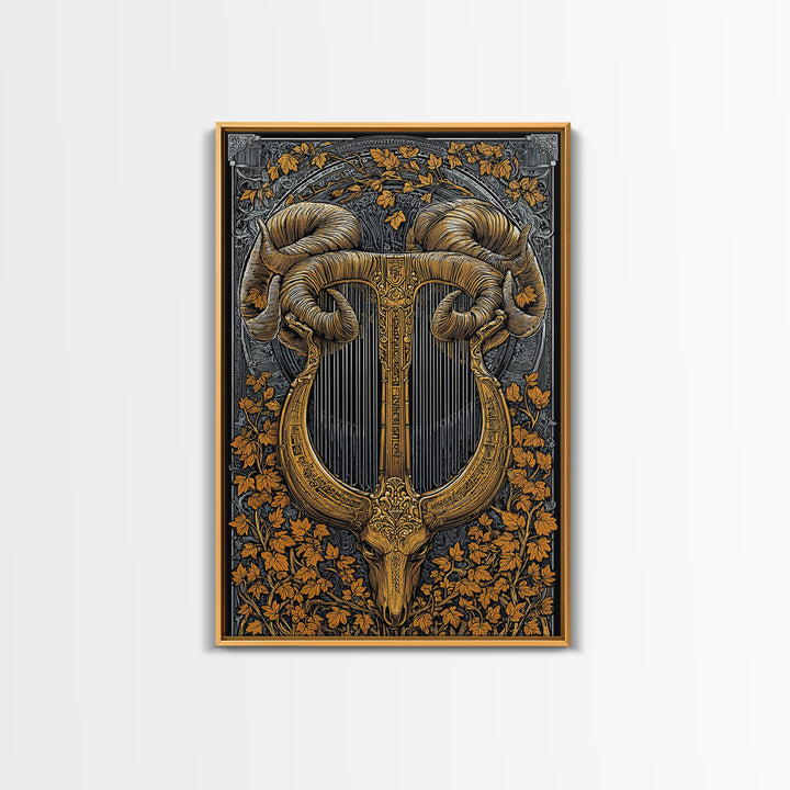Ram Horn Lyre Canvas Gold Canvas Print with Real Wood Frame – Mythic Musical Instrument Wall Decor
