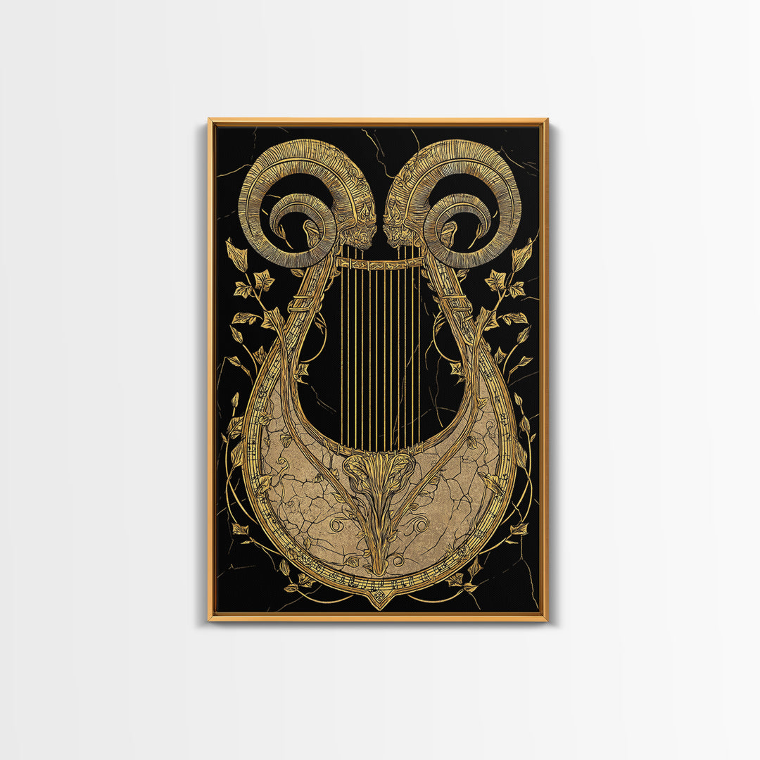 Ancient Ram Horn Lyre Canvas Gold Art Print with Real Wood Frame – Classical Mythology Inspired Wall Art
