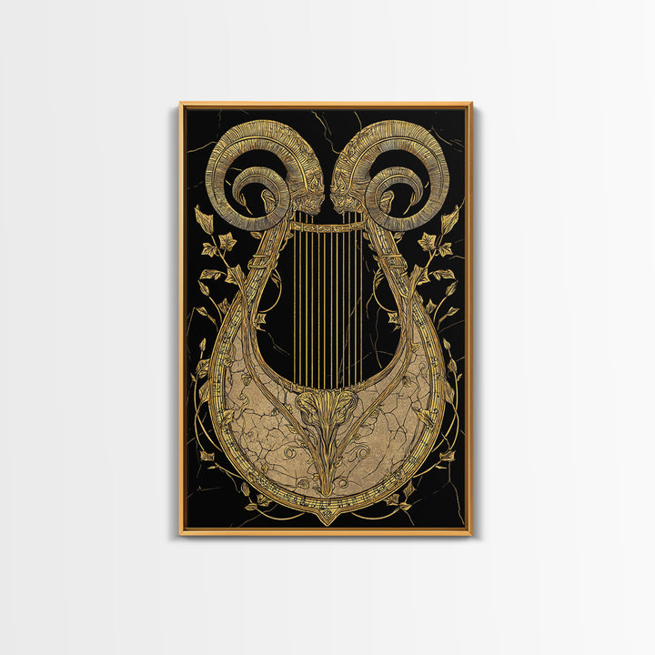 Ancient Ram Horn Lyre Canvas Gold Art Print with Real Wood Frame – Classical Mythology Inspired Wall Art