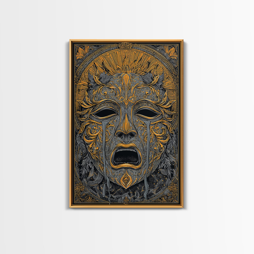 Crying Ornate Mask Canvas Gold Canvas Print with Real Wood Frame – Dramatic Theatrical Inspired Wall Art