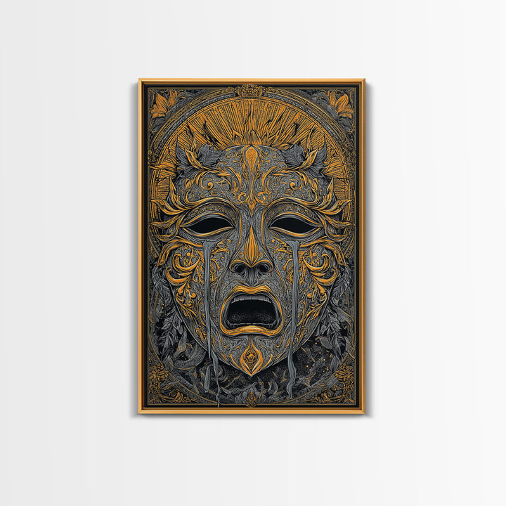Crying Ornate Mask Canvas Gold Canvas Print with Real Wood Frame – Dramatic Theatrical Inspired Wall Art