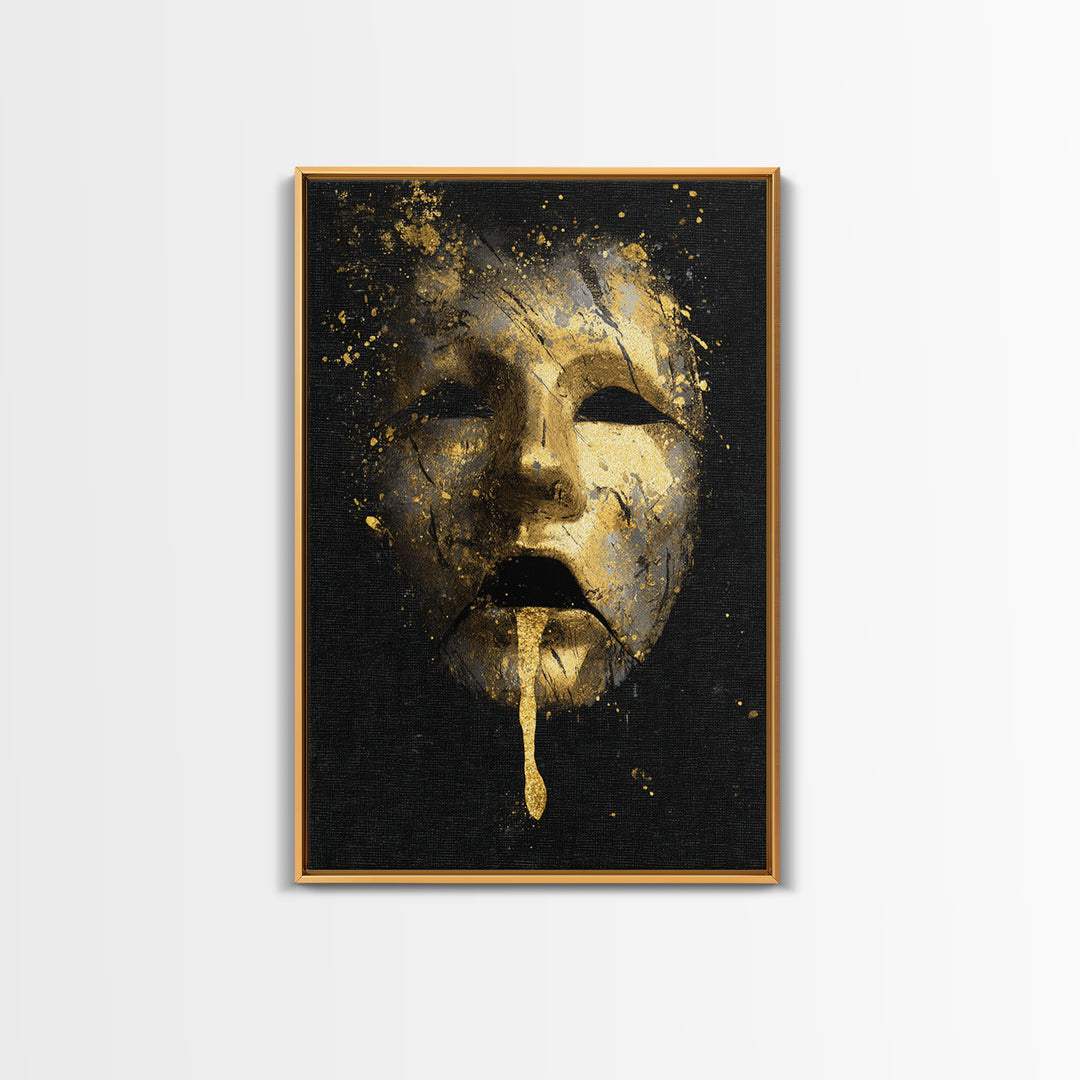 Abstract Gold-Drip Mask Canvas Gold Art Print with Real Wood Frame – Modern Surreal Face Wall Decor