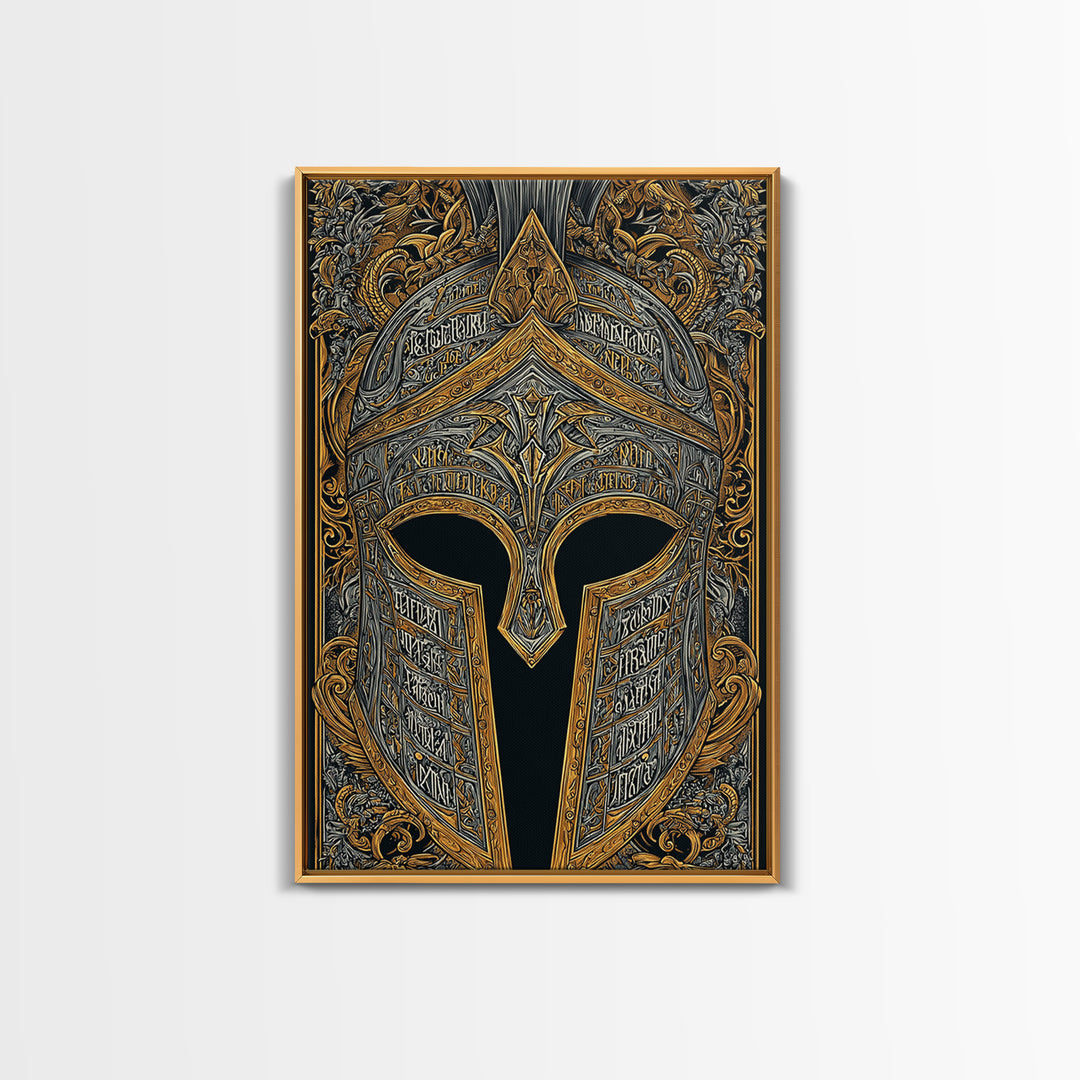 Fantasy Spartan Helmet with Dragon Ornament – Canvas Gold Art, Elaborate Canvas Art Print, Ancient Warrior Wall Decoration