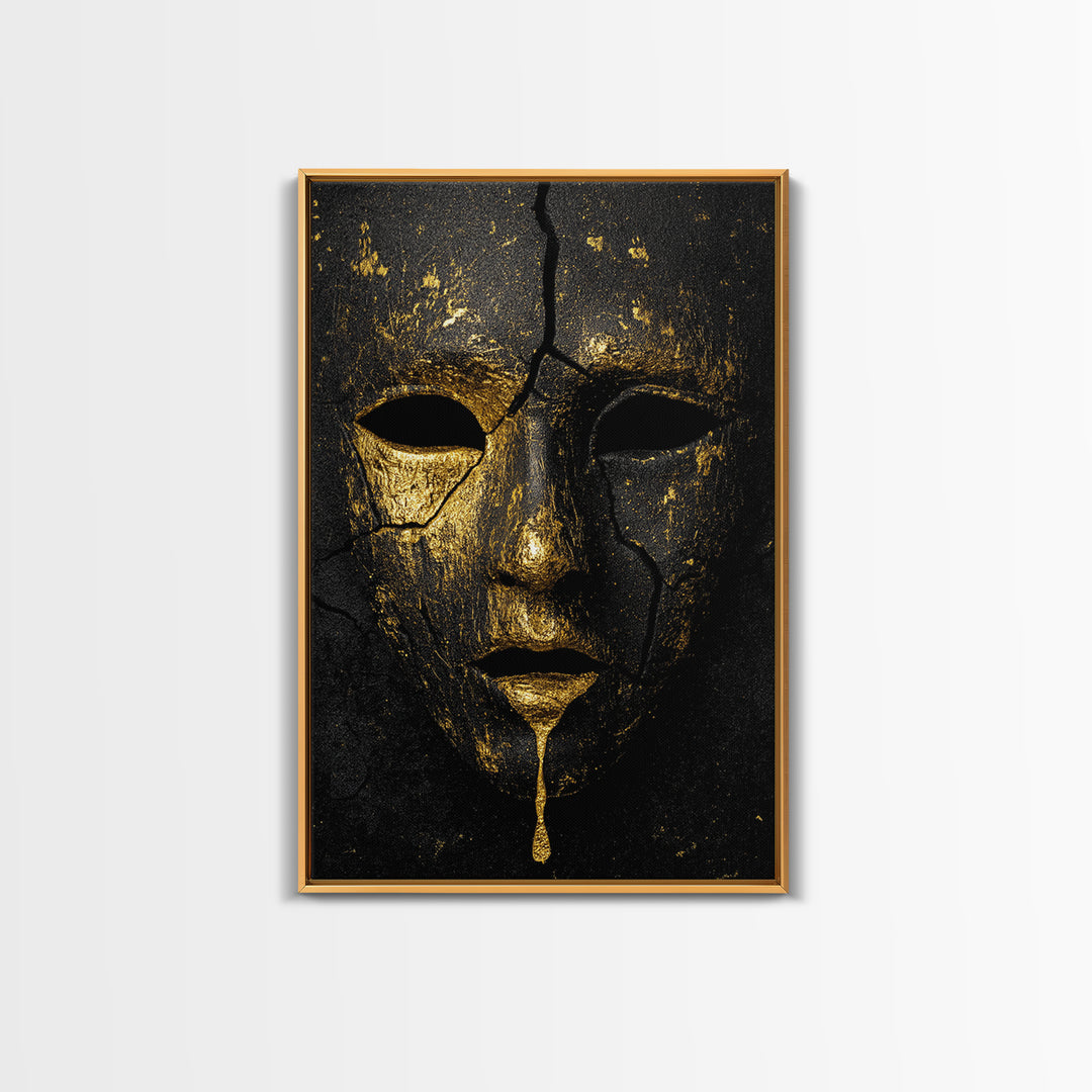 Cracked Gold Mask Canvas Gold Canvas Print with Real Wood Frame – Dark Dramatic Statement Wall Art