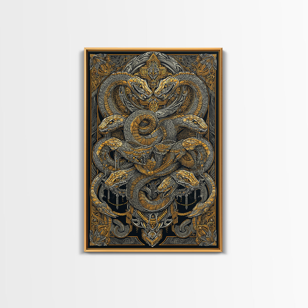 The Serpent Conclave – A Tangled Reign of Golden Scales, Canvas Art, Canvas Gold Print, Canvas Wall Art, Man Cave Decor