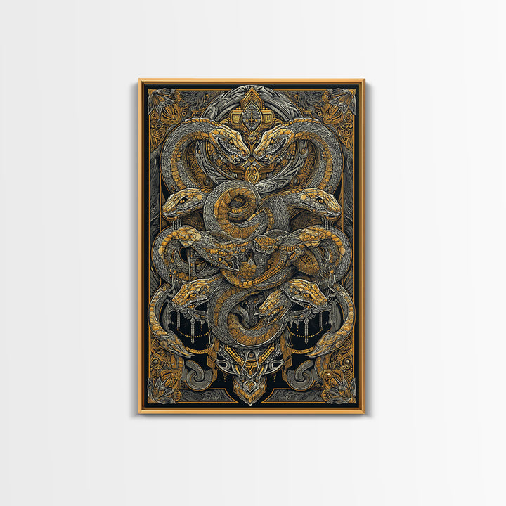 The Serpent Conclave – A Tangled Reign of Golden Scales, Canvas Art, Canvas Gold Print, Canvas Wall Art, Man Cave Decor