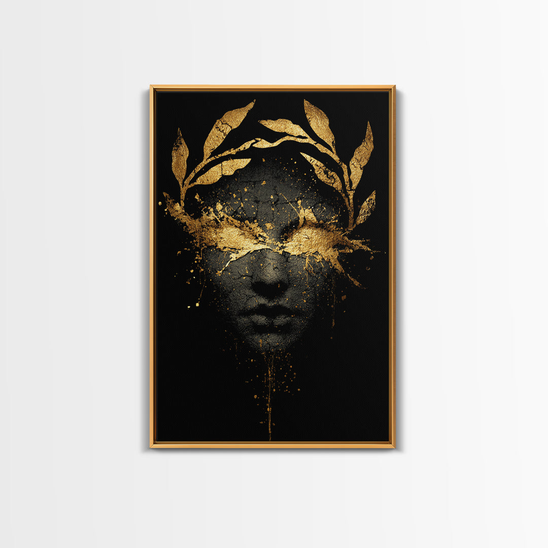 Veiled in Glory – The Laurel-Crowned Gaze of Gold, Canvas Art, Canvas Gold Print, Canvas Wall Art, Man Cave Decor