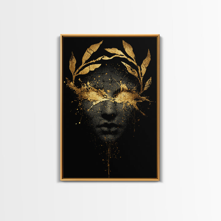 Veiled in Glory – The Laurel-Crowned Gaze of Gold, Canvas Art, Canvas Gold Print, Canvas Wall Art, Man Cave Decor