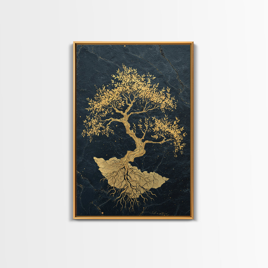 The Gilded Bonsai – Roots Anchored in Stone and Time, Canvas Art, Canvas Gold Print, Canvas Wall Art, Man Cave Decor