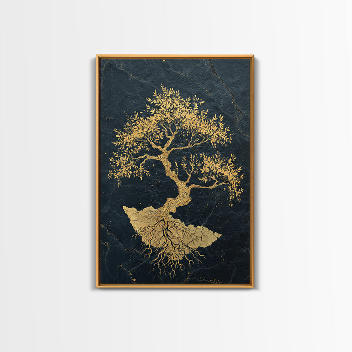 The Gilded Bonsai – Roots Anchored in Stone and Time, Canvas Art, Canvas Gold Print, Canvas Wall Art, Man Cave Decor