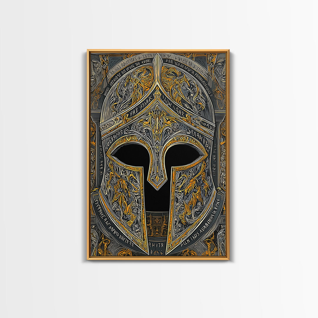 Fiery Engraved Spartan Helmet Wall Print – Canvas Gold Art, Lavish Historical Helmet Canvas Art, Classic War Decor