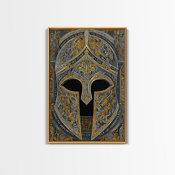 Fiery Engraved Spartan Helmet Wall Print – Canvas Gold Art, Lavish Historical Helmet Canvas Art, Classic War Decor