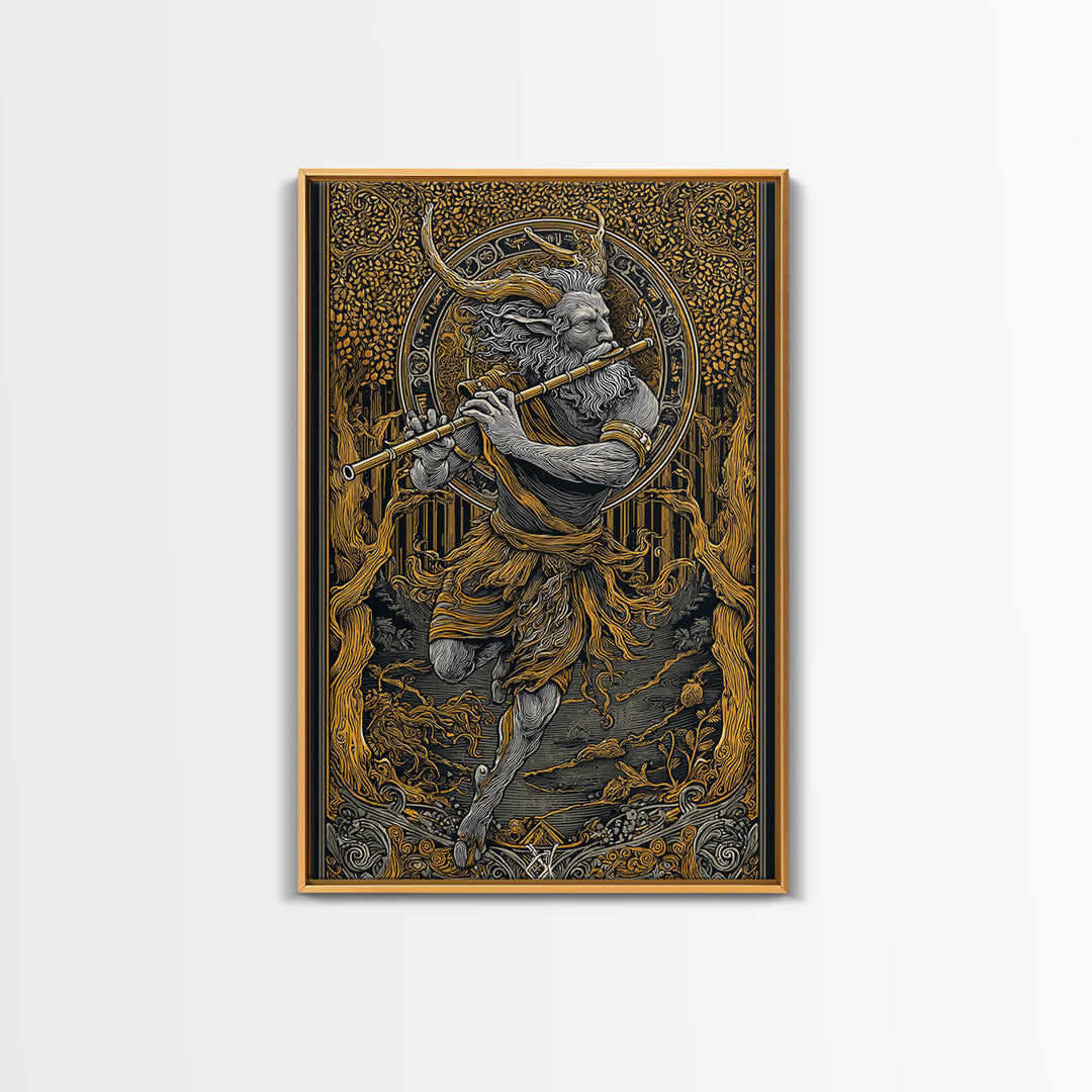 Pan’s Lament – The Wild God’s Song Through the Golden Grove, Canvas Art, Canvas Gold Print, Canvas Wall Art, Man Cave Decor