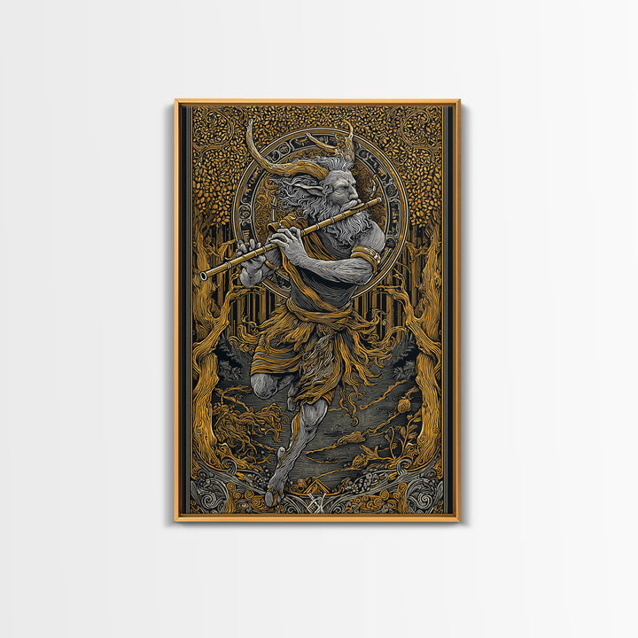 Pan’s Lament – The Wild God’s Song Through the Golden Grove, Canvas Art, Canvas Gold Print, Canvas Wall Art, Man Cave Decor