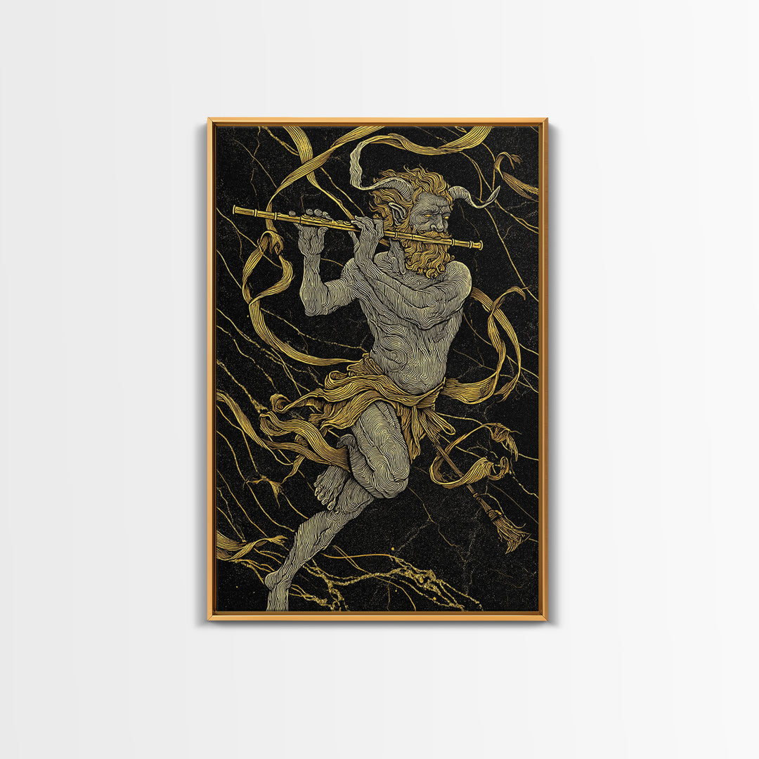 Greek God Pan Playing Flute – Canvas Gold Canvas Print – Mythology Wall Art with Real Wood Frame for Classical Home Decor