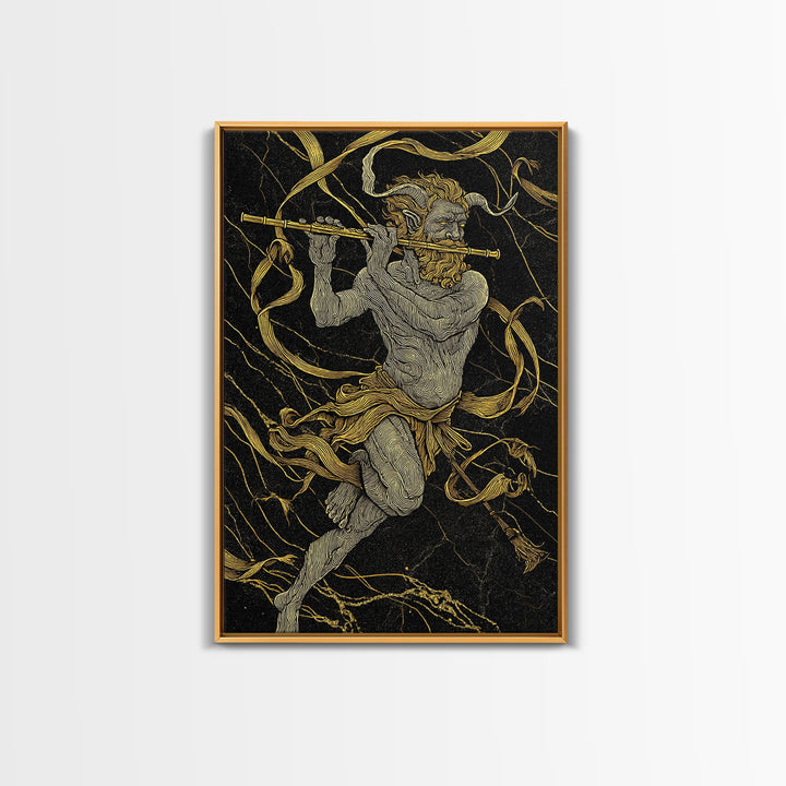 Greek God Pan Playing Flute – Canvas Gold Canvas Print – Mythology Wall Art with Real Wood Frame for Classical Home Decor