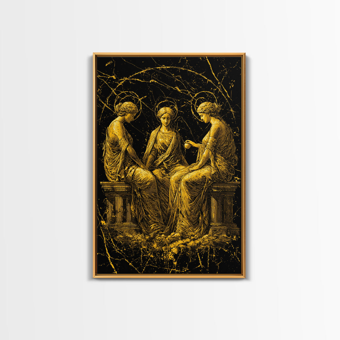 The Three Graces – Canvas Gold Canvas Print – Greek Goddess Wall Art with Real Wood Frame for Elegant Classical Room Decor