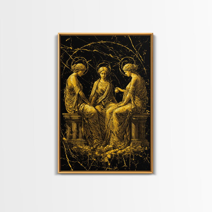 The Three Graces – Canvas Gold Canvas Print – Greek Goddess Wall Art with Real Wood Frame for Elegant Classical Room Decor