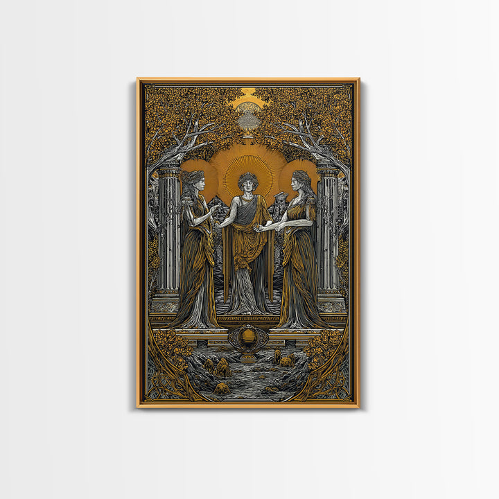 Greek Goddesses in Golden Garden – Canvas Gold Canvas Print – Classical Mythology Wall Art with Real Wood Frame