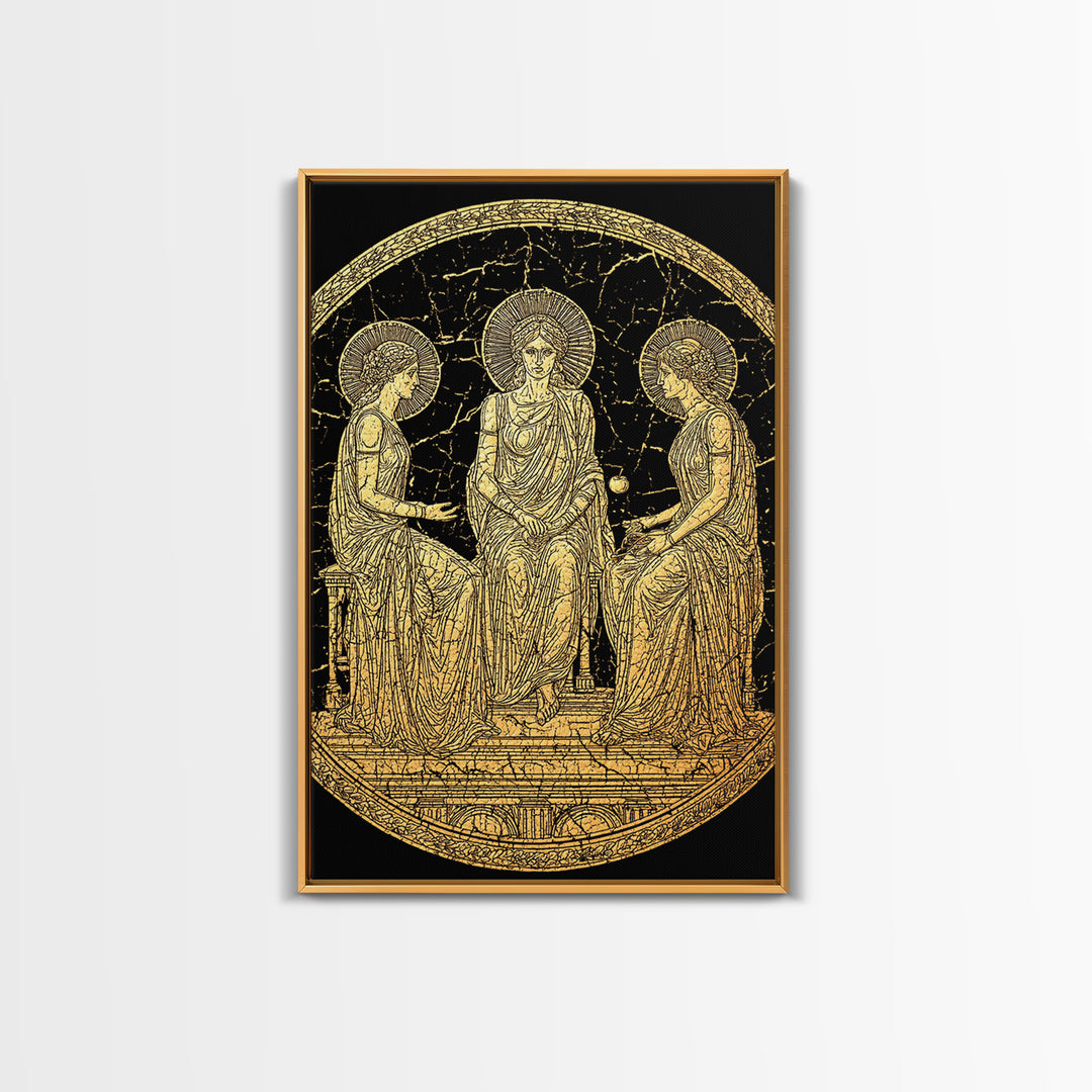 Golden Three Goddesses – Canvas Gold Canvas Print – Classical Greek Wall Art with Real Wood Frame for Mythology Lovers