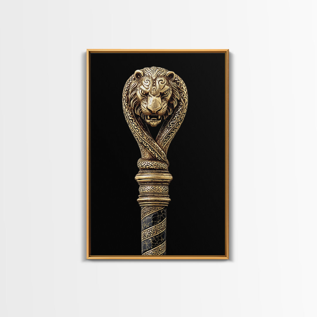 Lion and Serpent Staff Head – Canvas Gold Canvas Print – Ancient Weapon Design Art with Real Wood Frame for Bold Wall Decor