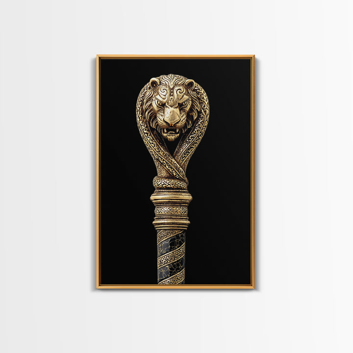 Lion and Serpent Staff Head – Canvas Gold Canvas Print – Ancient Weapon Design Art with Real Wood Frame for Bold Wall Decor