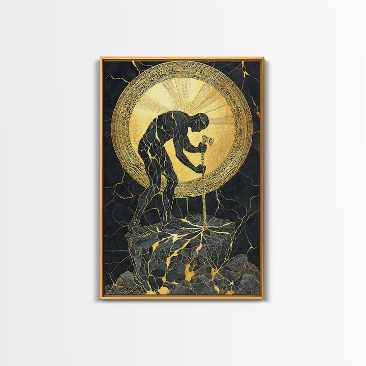 Man with Sword and Sun – Canvas Gold Canvas Print – Heroic Mythology Wall Art with Real Wood Frame for Powerful Home Accent