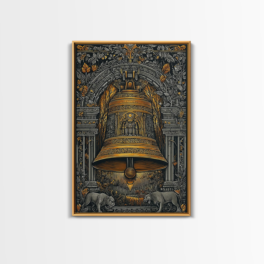 Ornate Golden Bell with Wolves – Canvas Gold Canvas Print – Fantasy Architectural Wall Art with Real Wood Frame