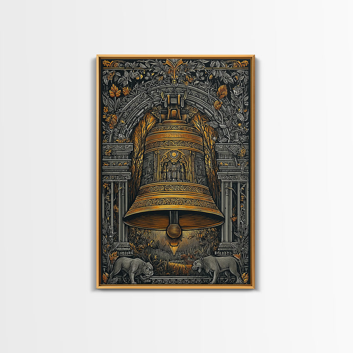 Ornate Golden Bell with Wolves – Canvas Gold Canvas Print – Fantasy Architectural Wall Art with Real Wood Frame