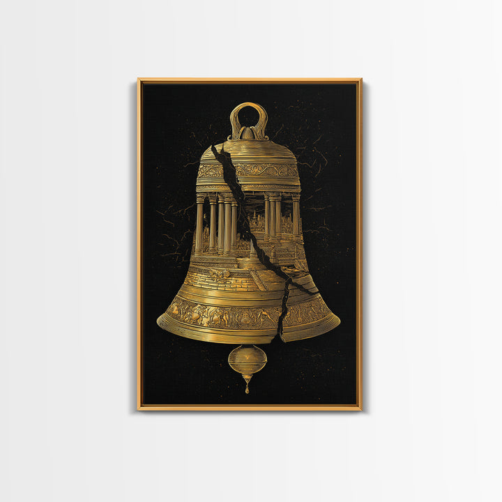 Cracked Temple Bell – Canvas Gold Canvas Print – Ancient Ruins Wall Art with Real Wood Frame for History and Myth Lovers