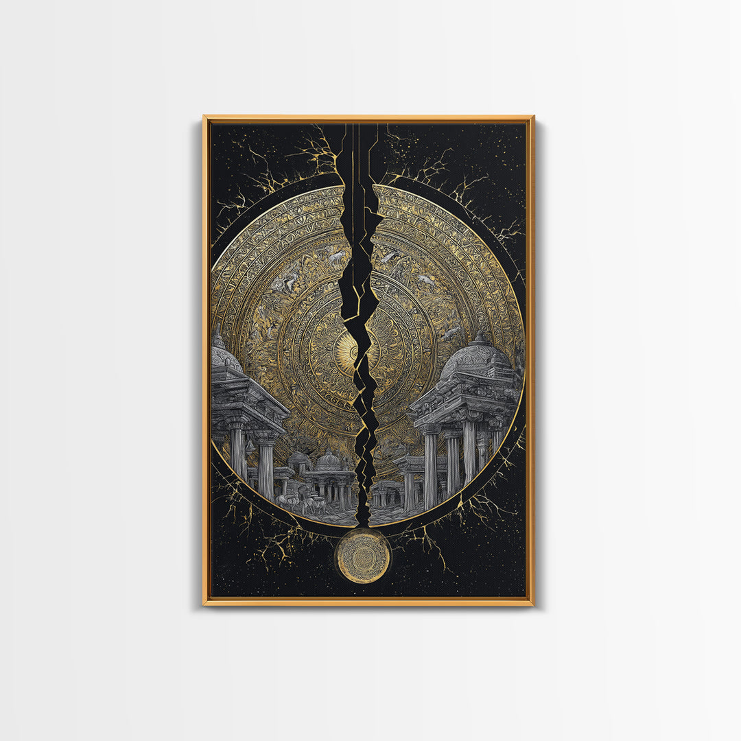 Cracked Golden Mandala Temple – Canvas Gold Canvas Print – Intricate Ancient Architecture Wall Art with Real Wood Frame