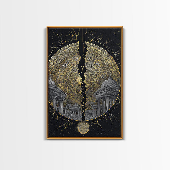 Cracked Golden Mandala Temple – Canvas Gold Canvas Print – Intricate Ancient Architecture Wall Art with Real Wood Frame