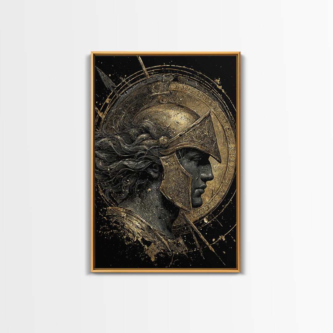 Greek Warrior Profile, Canvas Gold Canvas Print, Ancient Mythology Wall Art, Real Wood Frame Decor, Luxury Hero Artwork