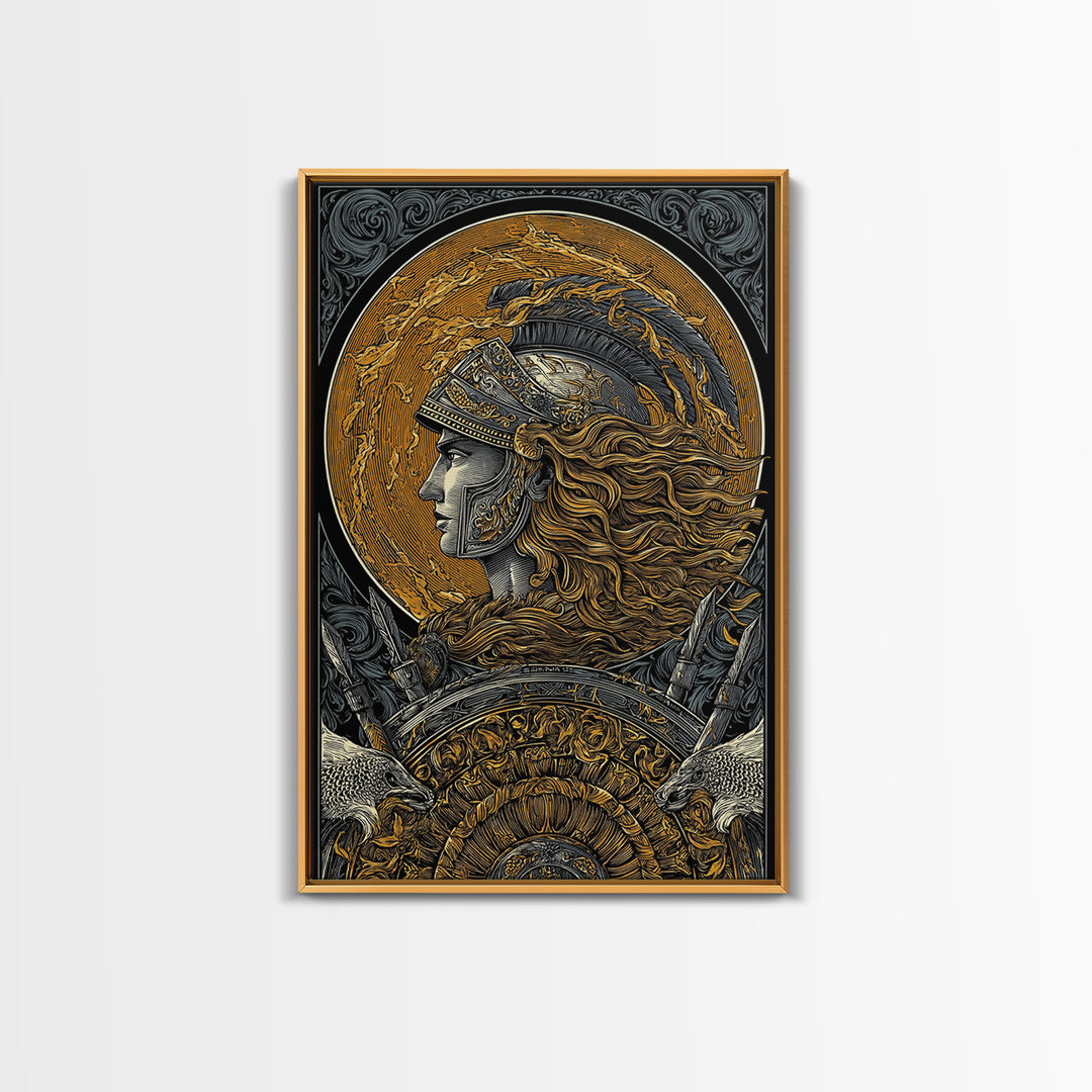 Athena Greek Goddess, Canvas Gold Art, Warrior Helmet Canvas Print, Real Wood Frame Decor, Ancient Mythology Wall Artwork