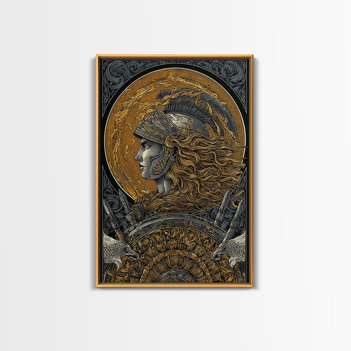 Athena Greek Goddess, Canvas Gold Art, Warrior Helmet Canvas Print, Real Wood Frame Decor, Ancient Mythology Wall Artwork