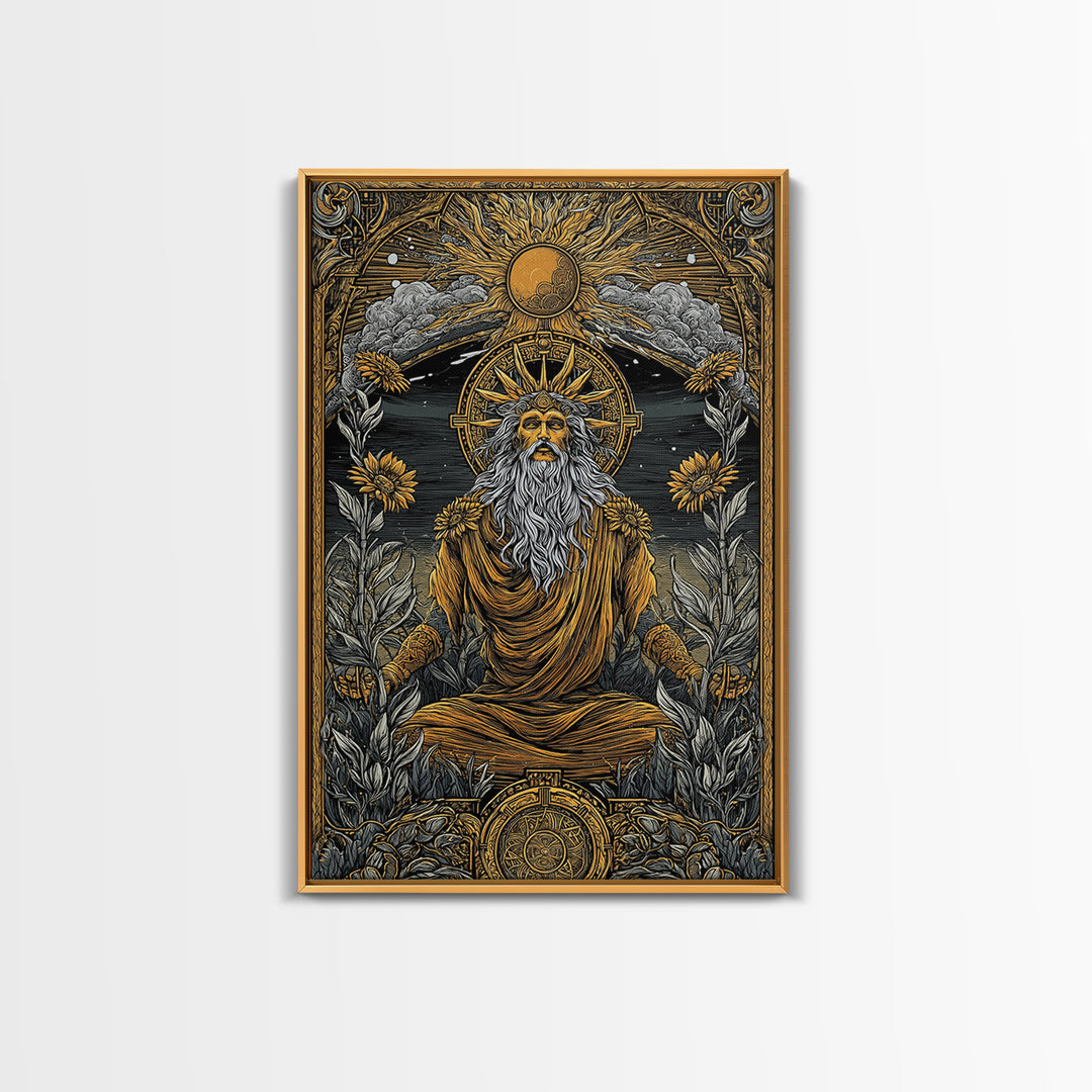 Greek Sun God Illustration, Canvas Gold Canvas Print, Mythology Wall Art, Real Wood Frame Decor, Luxury Ancient Artwork