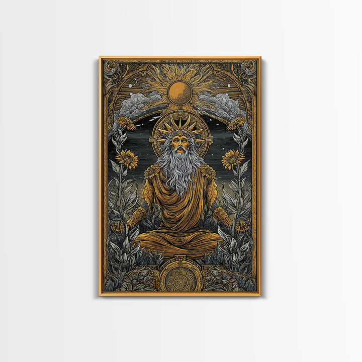 Greek Sun God Illustration, Canvas Gold Canvas Print, Mythology Wall Art, Real Wood Frame Decor, Luxury Ancient Artwork
