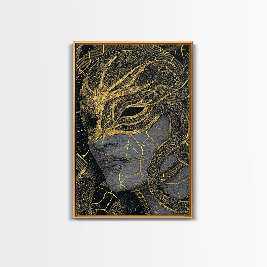 Ananke Mythological Canvas Gold Canvas Print, Greek Goddess Of Inevitability Artwork, Real Wood Frame Wall Art Decoration