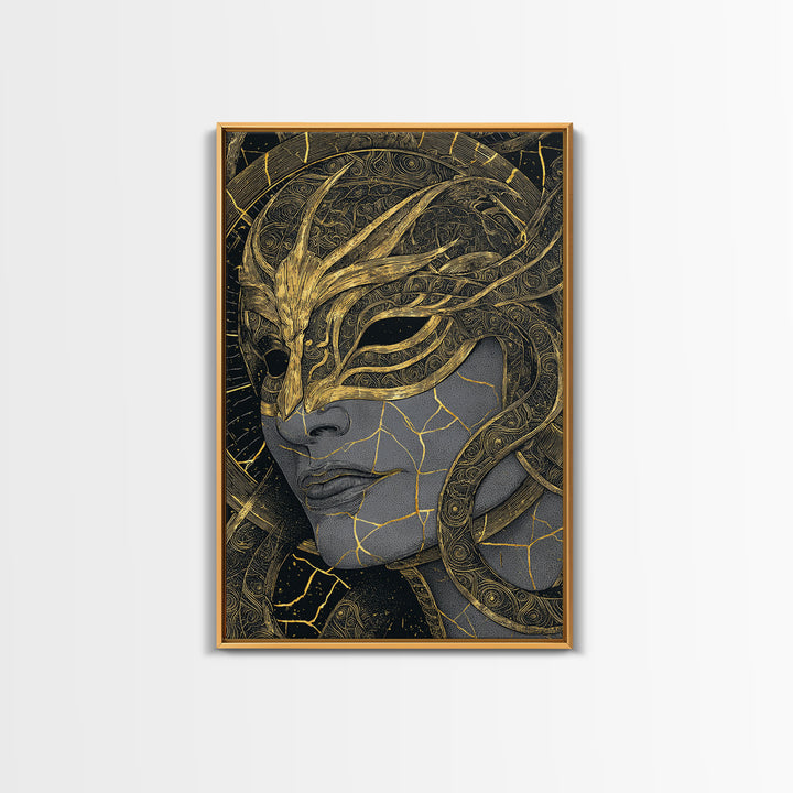Ananke Mythological Canvas Gold Canvas Print, Greek Goddess Of Inevitability Artwork, Real Wood Frame Wall Art Decoration