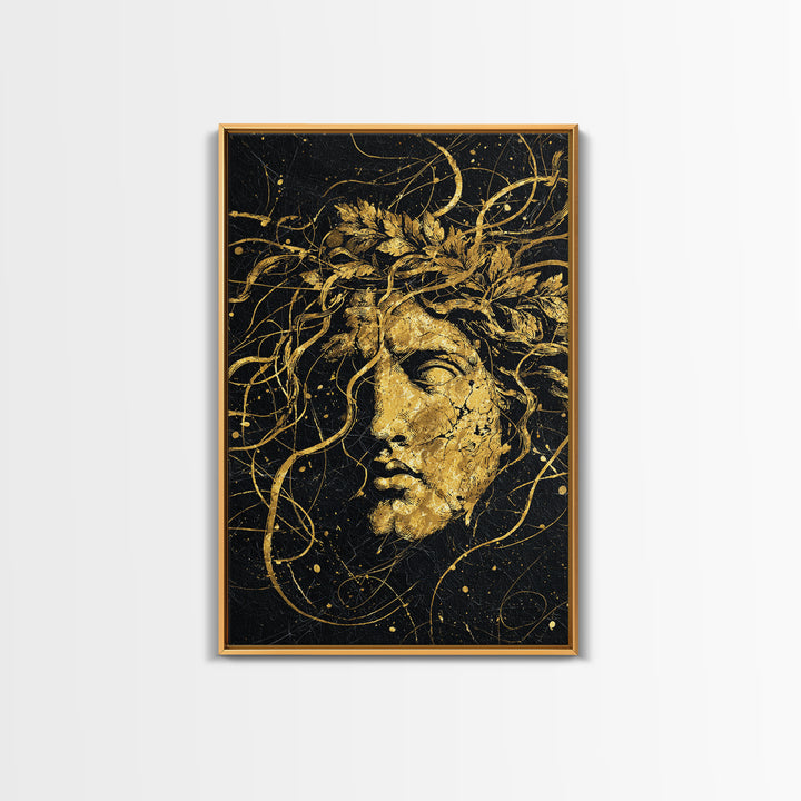 Apollo Greek Statue Canvas Gold Canvas Print, Mythological Music And Light Inspired Art, Real Wood Framed Wall Decoration
