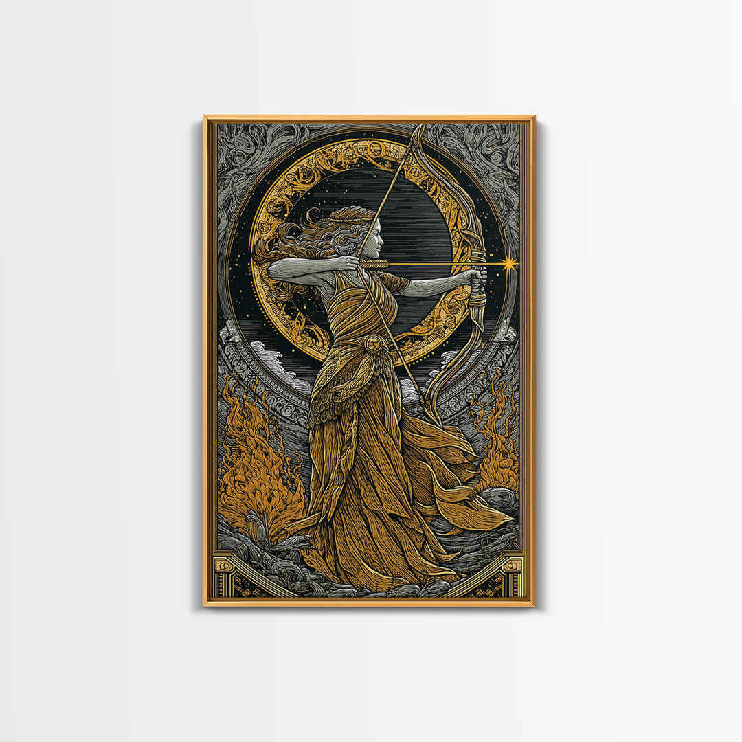 Artemis Greek Goddess Canvas Gold Canvas Print, Bow And Arrow Mythology Inspired Artwork, Real Wood Frame Decorative Wall Art