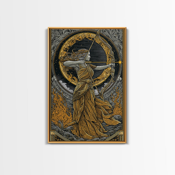 Artemis Greek Goddess Canvas Gold Canvas Print, Bow And Arrow Mythology Inspired Artwork, Real Wood Frame Decorative Wall Art