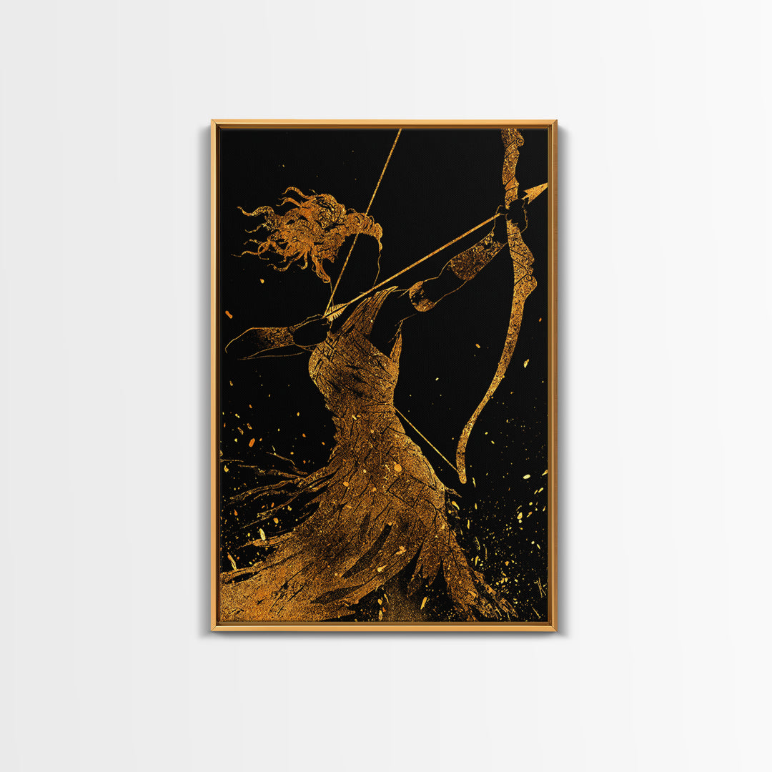 Artemis Archer Goddess Mythology, Canvas Gold Canvas Print, Real Wood Frame, Greek Myth Wall Art, Celestial Home Decor